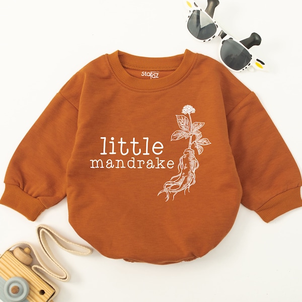 Little Mandrake Baby Romper, Magical Botanical Bubble Bodysuit, Cottagecore Plant Newborn Outfit, Herbalist Toddler
