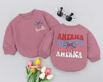Personalization 4th Of July Cherry Disco Bow Baby Romper, 4th of July Baby Gift, 1st Fourth of July Baby Clothes, Patriotic New Baby Gift