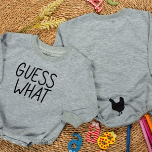 Guess What Chicken Butt Baby Romper, Funny Baby Bodysuit, Baby Shower Gift, Gender Neutral Baby Gift, Rae Dunn, Double Sided romper Sport Grey