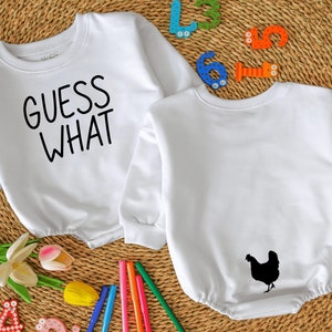 Guess What Chicken Butt Baby Romper, Funny Baby Bodysuit, Baby Shower Gift, Gender Neutral Baby Gift, Rae Dunn, Double Sided romper White