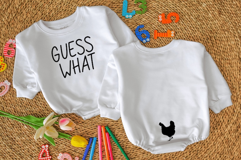 Guess What Chicken Butt Baby Romper, Funny Baby Bodysuit, Baby Shower Gift, Gender Neutral Baby Gift, Rae Dunn, Double Sided romper White