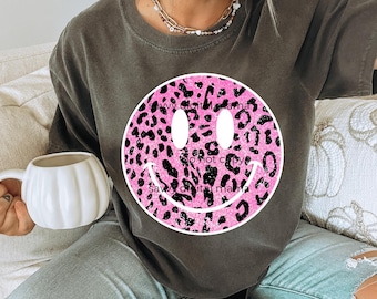 Pink Leopard Smiley Face PNG • Glitter Animal Print Happy Face Clipart • Retro Digital Download