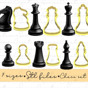 May include: A set of seven black chess pieces, including a king, queen, rook, bishop, knight, pawn, and a blank outline of each piece. The pieces are made of a black plastic material and are arranged in two rows. The text "7 sizes. Stl files. Chess set" is written below the pieces.