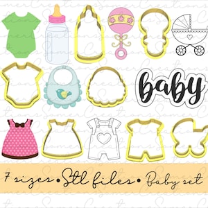 May include: A set of 10 cookie cutters in yellow, pink, and blue, featuring baby-themed designs such as a baby bottle, a rattle, a baby carriage, a bib, and a onesie. The word "baby" is also included in the set. The text "7 sizes. STL files. Baby set" is at the bottom of the image.