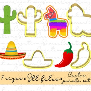 Cactus Pinata Fiesta cookie cutter set. STL aangepaste bestanden voor 3D-printer, aangepaste cookie cutters, fondant cutters
