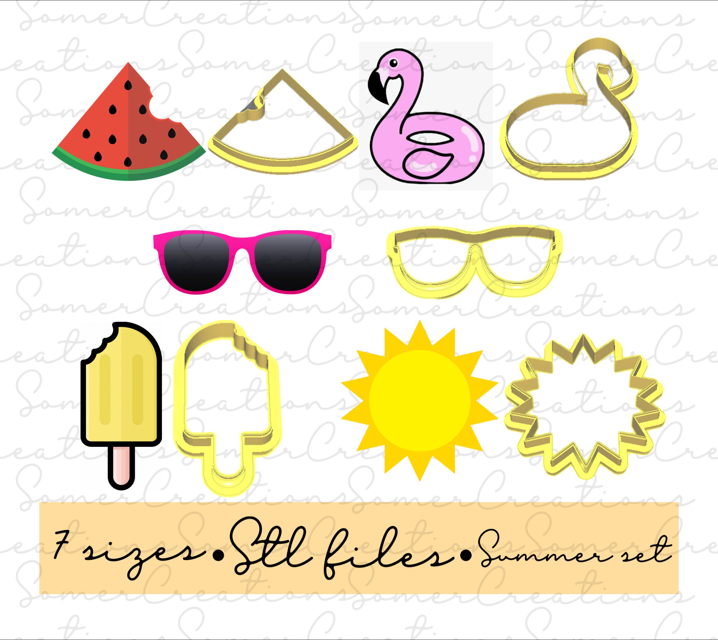 Summer cookie cutter set .STL custom FILES ONLY for 3d printer, custom cookie cutters, fondant cutters