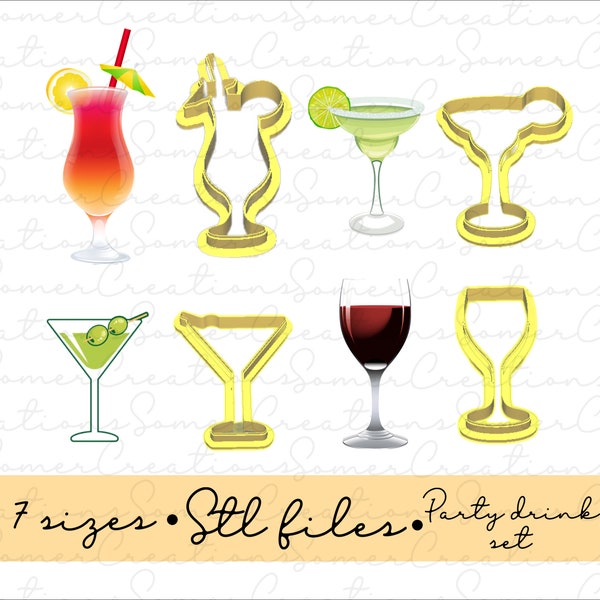 Wine, cocktail, margarita, martini cutter set .STL custom files for 3d printer, custom cookie cutters, fondant cutters