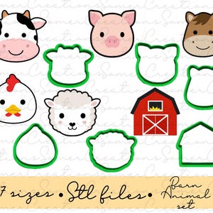Peut inclure: Ensemble de dessins d'animaux de la ferme de style dessin animé, dont une vache, un cochon, un cheval, un poulet et un mouton, avec des contours verts. Une grange rouge et plusieurs formes à contours verts sont également incluses. Le texte "7 sizes. Stl files. Barn Animal set" est en bas.