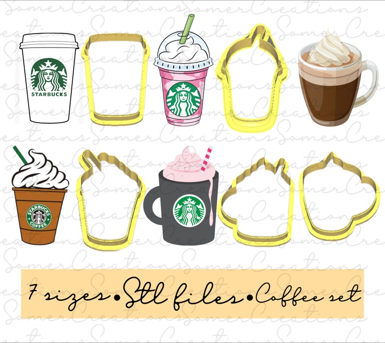 May include: A set of seven cookie cutters in various sizes, designed to cut out shapes of different coffee drinks. The cutters are yellow and include a Starbucks coffee cup, a Frappuccino, a latte, and a hot chocolate.