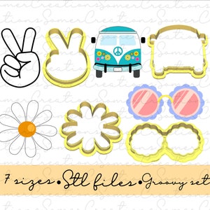 May include: A set of seven groovy cookie cutters in various shapes, including a peace sign, a flower, a pair of sunglasses, a van, and a daisy. The cutters are yellow and are available in seven sizes. The text "7 sizes. Stl files. Groovy set" is written in black on a yellow background.