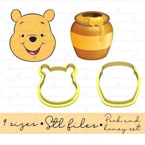 May include: A set of four cookie cutters, two are shaped like Winnie the Pooh's head, one is shaped like a honey pot, and one is a simple outline of a honey pot. The cookie cutters are yellow and are on a white background. 9 sizes • Stl files. Pooh and honey set