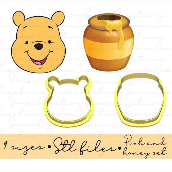 Honey pot and Pooh cutter set .STL custom files for 3d printer, custom cookie cutters, fondant cutters