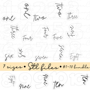 Op de afbeelding: Een set van tien witte nummers met zwarte contouren en handschrift. De nummers zijn 1 tot en met 10. De tekst luidt "7 maten • Stl-bestanden • #1-10 bundel".