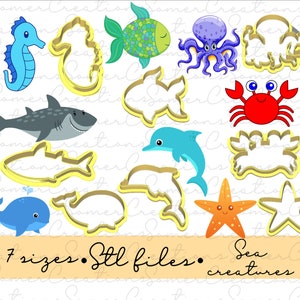 Sea creatures cookie cutter set .STL custom FILES ONLY for 3d printer, custom cookie cutters, fondant cutters