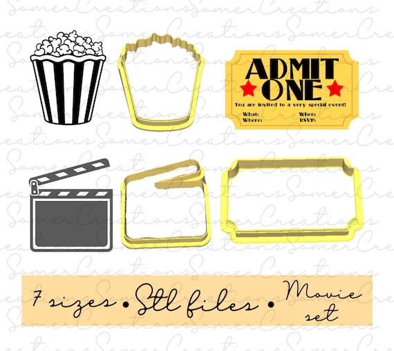 Movie night cookie cutter set .STL custom FILES ONLY for 3d printer, custom cookie cutters, fondant cutters