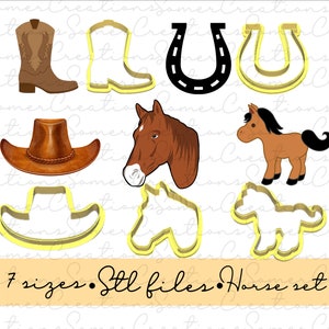 May include: A set of seven cookie cutters in the shape of a cowboy boot, a horseshoe, a cowboy hat, a horse's head, and a horse. The cutters are yellow and the background is white. The text "7 sizes. Stl files. Horse set" is at the bottom of the image.