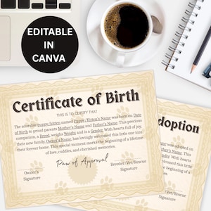 Minimalistische canvassjabloon: geboorte- of adoptiecertificaat voor puppy of kitten | US Letter-formaat: 8,5 x 11 inch
