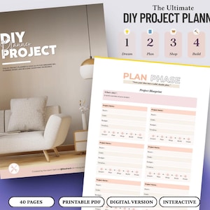 Puede incluir: Un planificador de proyectos de bricolaje imprimible con un esquema de color rosa y blanco. El planificador se divide en cinco fases: Soñar, Planificar, Comprar, Construir y Finalizar. El planificador incluye una sección para planos de proyectos y una lista de verificación para cada fase.