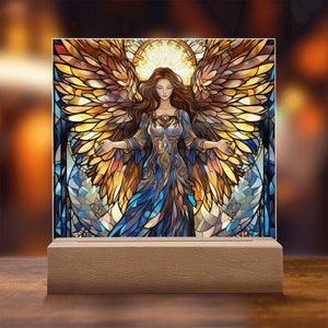 Angel stained glass acrylic plaque home decor gift for guardian angel lovers spiritual room art heavenly aesthetic winged cherub remembrance