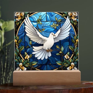 White dove stained acrylic plaque christian artwork gift for communion lovers memorial for confirmation gift for peace meditation art
