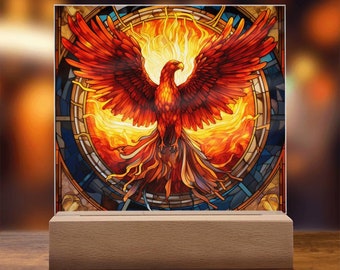 Phoenix Faux Stained Glass Acrylic Plaque Mythical Creature Phoenix present, Nightlight LED, Inspirational Gifts For Loss, Gift for coworker
