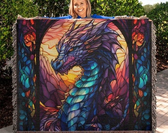 Colorful DnD Dragon Stained Glass Heirloom Woven Blanket Medieval Fantasy, DnD Lover's Haven, dnd Gift, Mythical Creature, Room Decor