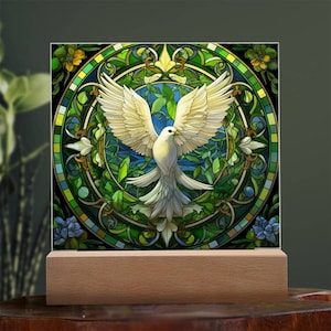 White dove stained glass acrylic plaque symbolizing peace Christian faith gift for communion or confirmation and lovers memorial