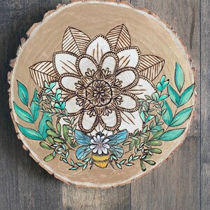 Woodburned Sunflower Piece-floral Pyrography Round Wooden Canvas -   Canada