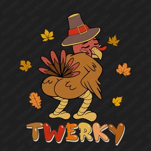Könnte beinhalten: Ein Cartoon-Truthahn mit einem Pilgerhut und dem Wort "TWERKY" in bunten Buchstaben. Der Truthahn ist braun mit einem roten Gesicht und gelben Beinen. Herbstblätter sind auf einem schwarzen Hintergrund verstreut.