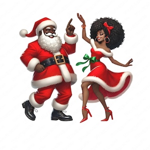 May include: Illustration of Santa Claus and a woman dancing. Santa wears a red suit with white trim, a black belt, and boots. The woman wears a red dress with white trim, a green bow, and red heels. Both have dark skin.
