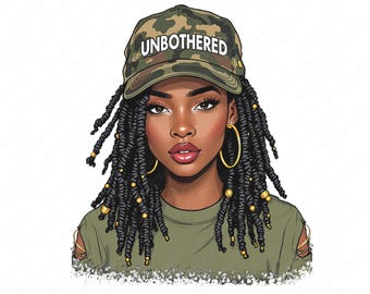 Femme sans soucis avec mélanine avec camouflage Locs PNG (Téléchargement numérique)