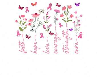 PNG de sensibilisation au cancer du sein : fleurs sauvages, papillons (téléchargement numérique)