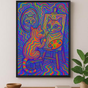 Psychedelic Cat Color Art - Trippy Rainbow Feline Painting, Colorful Self-Portrait Cat Decor, Vibrant Digital Art For Poster, Cat Weird Art