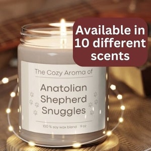 Puede incluir: Una vela encendida en un tarro de cristal con una etiqueta que dice "The Cozy Aroma of Anatolian Shepherd Snuggles". La vela está sobre un posavasos de madera, rodeada de luces de cadena. El texto en la imagen dice "Disponible en 10 aromas diferentes."