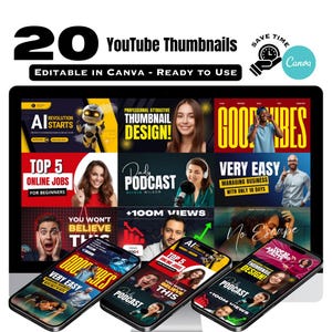 Puede incluir: Una pantalla digital que muestra 20 miniaturas de YouTube, con el texto "YouTube Thumbnails" y "Editable in Canva - Ready to Use". Las miniaturas presentan varios diseños, incluyendo texto e imágenes, con el logotipo de Canva visible.