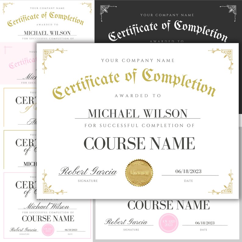 Certificate of Completion Template, 10 Printable Certificates Bundle, Editable Training ...