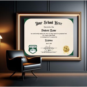 May include: A framed diploma with a green border and gold seal. The text reads "Your School Here" and "This Certifies That Student Name has satisfactorily completed the course of study required for graduation from [School Name] in testimony thereof is awarded this Diploma June 12, 2013."