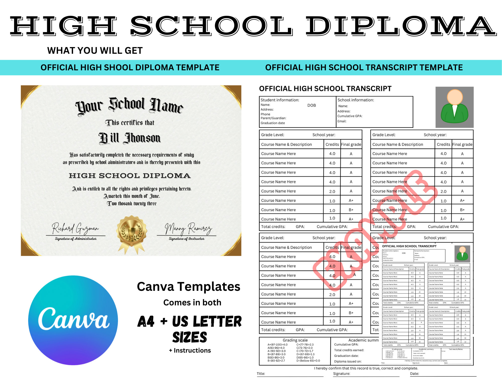 High School Diploma Template, High School Transcript, Graduation Template Bundle, Editable Homeschool Transcript, Diploma Canva Template