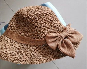 Handmade woven straw hat for women, Xia Xiao, fresh, sweet and cute, with a small eaves, bow tie, round top sunshade hat, fisherman hat.