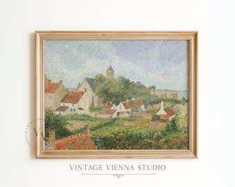 Vintage European Village Painting, Rustic Countryside Print (Digital Download)