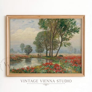 Red Poppy Field Landscape Painting, Vintage Countryside Wall Art, Cottagecore Flower Meadow, Rustic Farmhouse Nature Scene Print