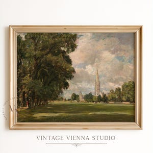 Medieval Cathedral Landscape Painting, Vintage English Countryside Art Print, Gothic Church Tower Scene, Historic Architecture Wall Art