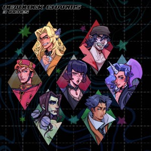 May include: Deadlock Charms, each 3 inches in size, featuring stylized portraits of various characters. The artwork is set against a black background with a grid pattern and colorful star accents. The characters are in diamond-shaped frames.