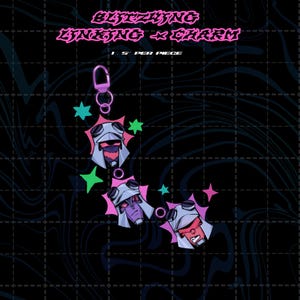 May include: A keychain featuring three cartoon robot heads in silver, purple, and red, with pink and green star accents. The text "BLITZING LINING x CHARM" is above the heads. The keychain is attached to a silver clasp.