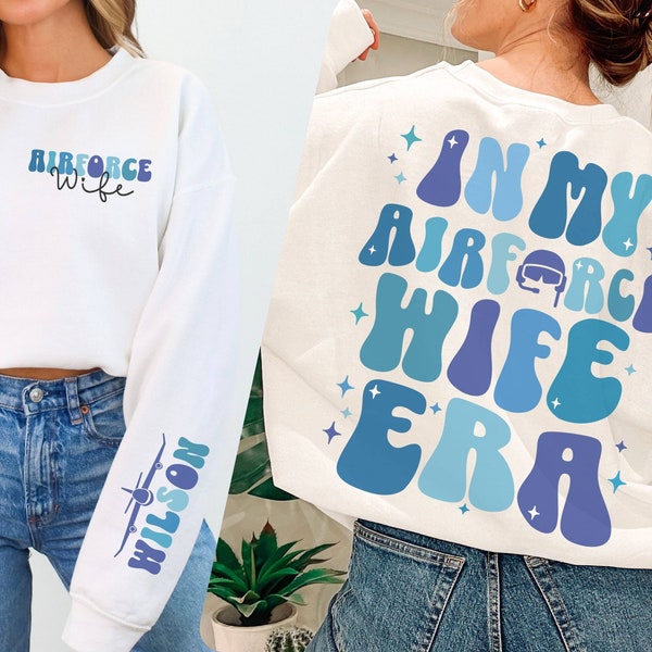 Custom AirForce Wife Sweatshirt, Air Force Airman Officer Spouse Gift, Groovy Retro US AirForce Fiance Engagement Wedding Military Wife Gift