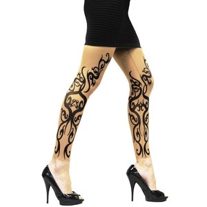 Wild Rose Tribal Blackwork Tattoo Leggings, Tan