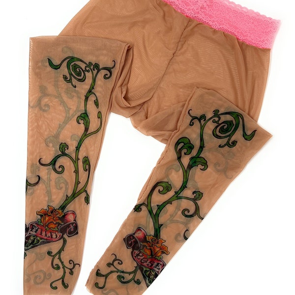 Wild Rose Ladies Signature Thorny Vine Red Rose Tattoo Leggings, Tan