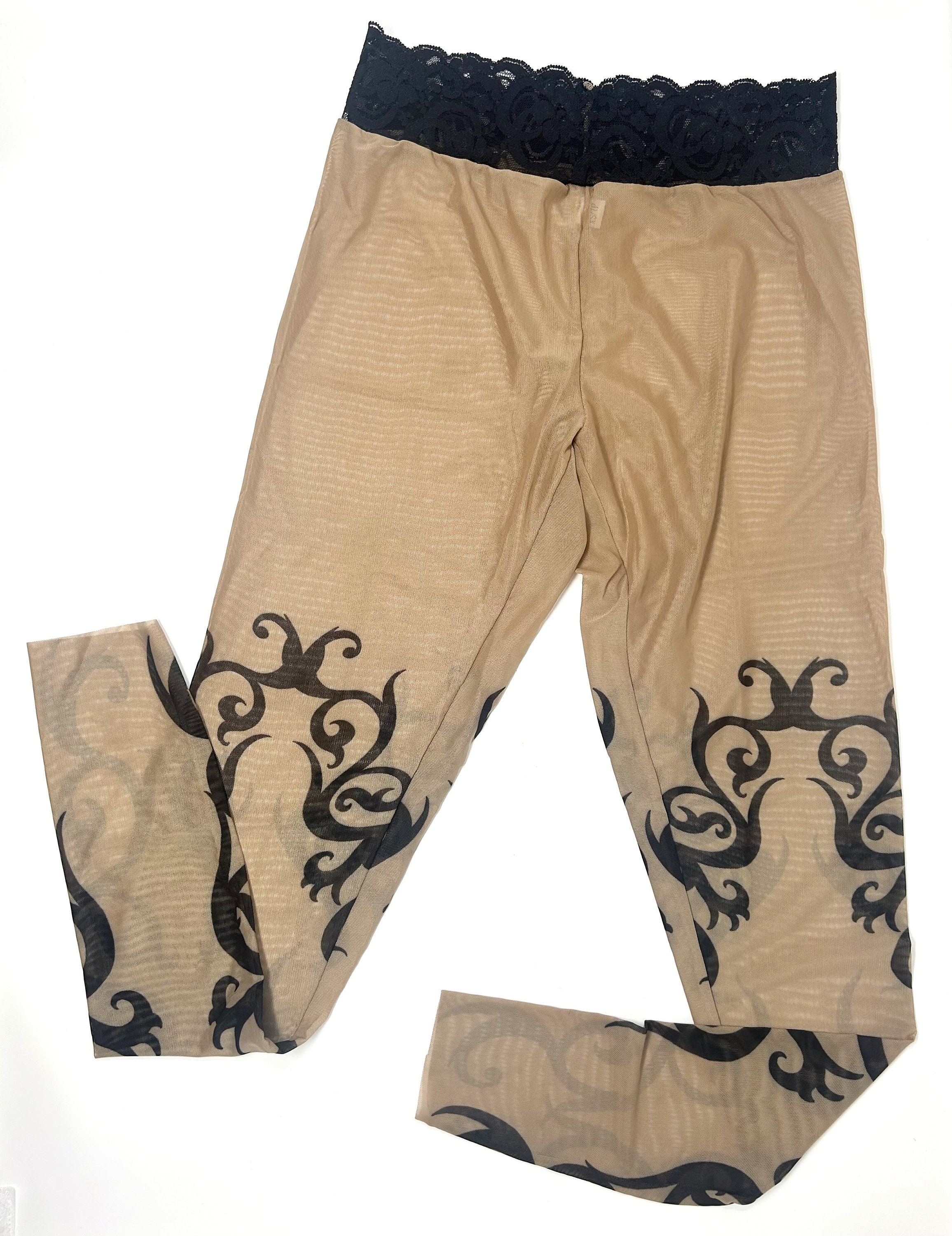 Wild Rose Ladies Flamenco Tattoo Mesh Leggings – Tan, X-Large, Sheer With Lace Waistband - View #3