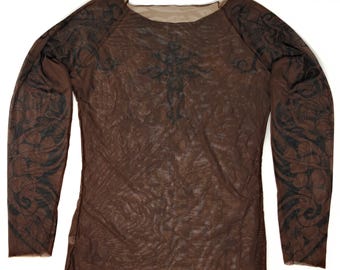 Camiseta Wild Rose Ladies Flamenco Tribal Art Tattoo - Amostras de Impressão em Malha MARROM ESCURO