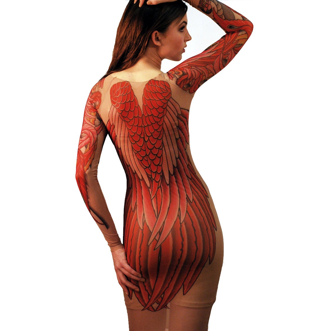 Wild Rose Ladies PHOENIX Mesh Tattoo Dress, Tan - Mythical Red Bird Wings Artwork